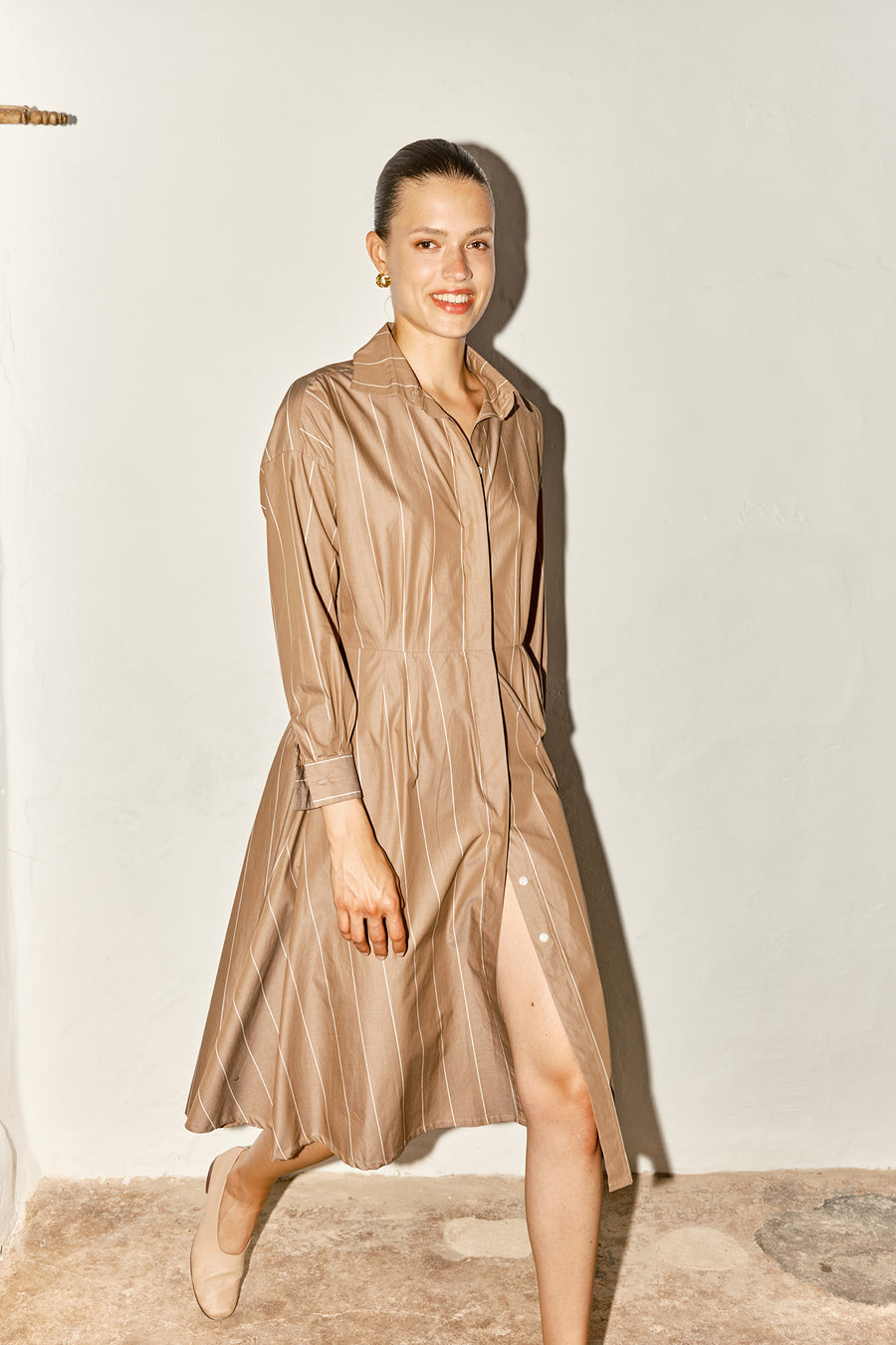 Almond Striped Long Shirt Dress