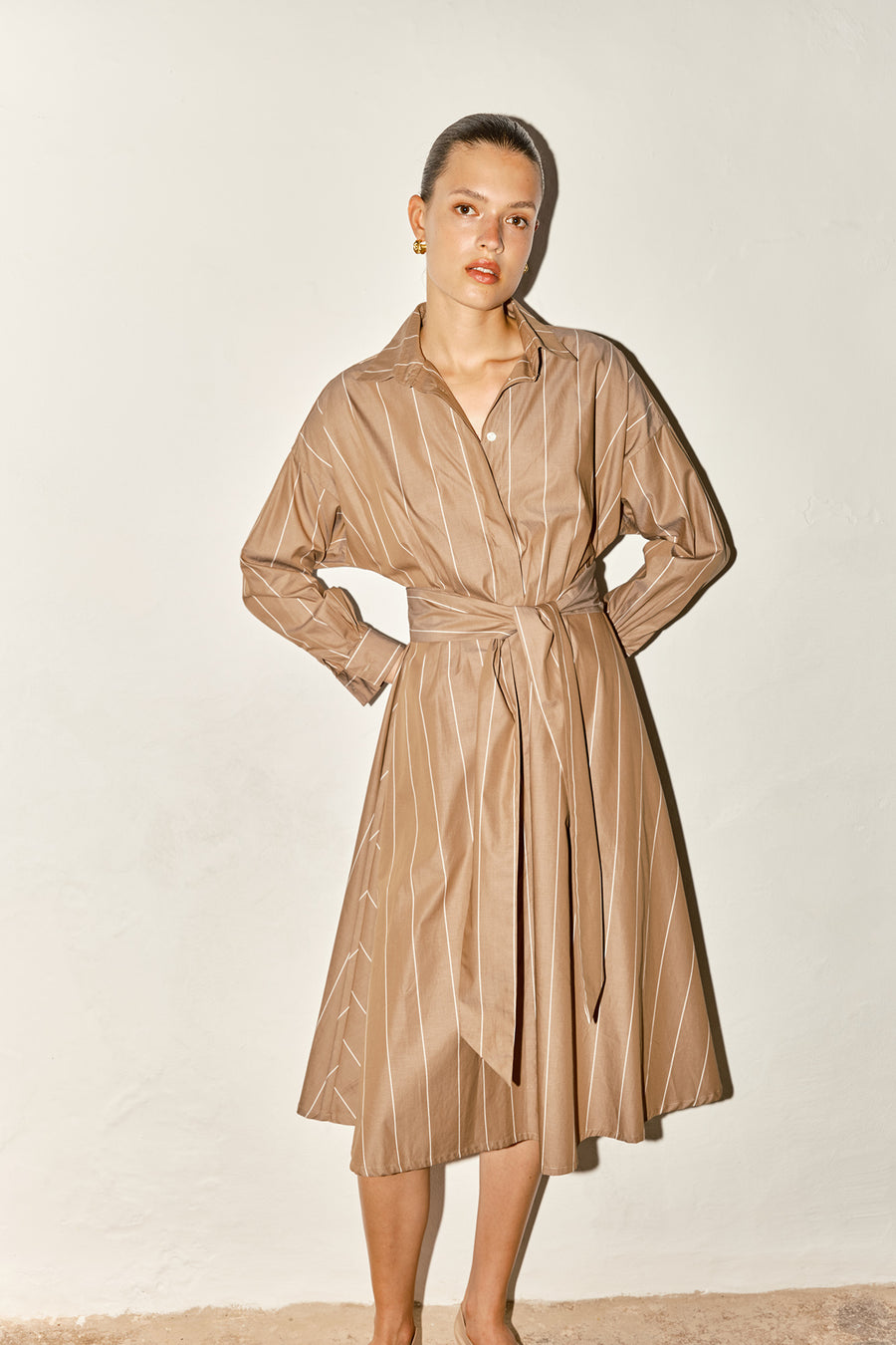 Almond Striped Long Shirt Dress