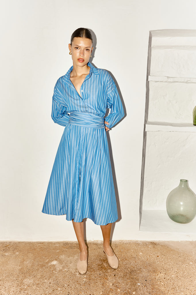Egyptian Blue Striped Long Shirt Dress – DATURA