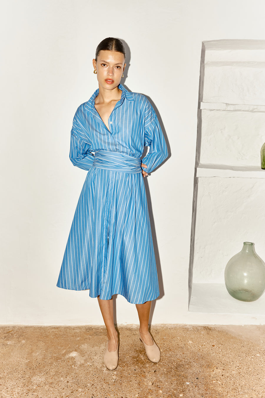 Egyptian Blue Striped Long Shirt Dress
