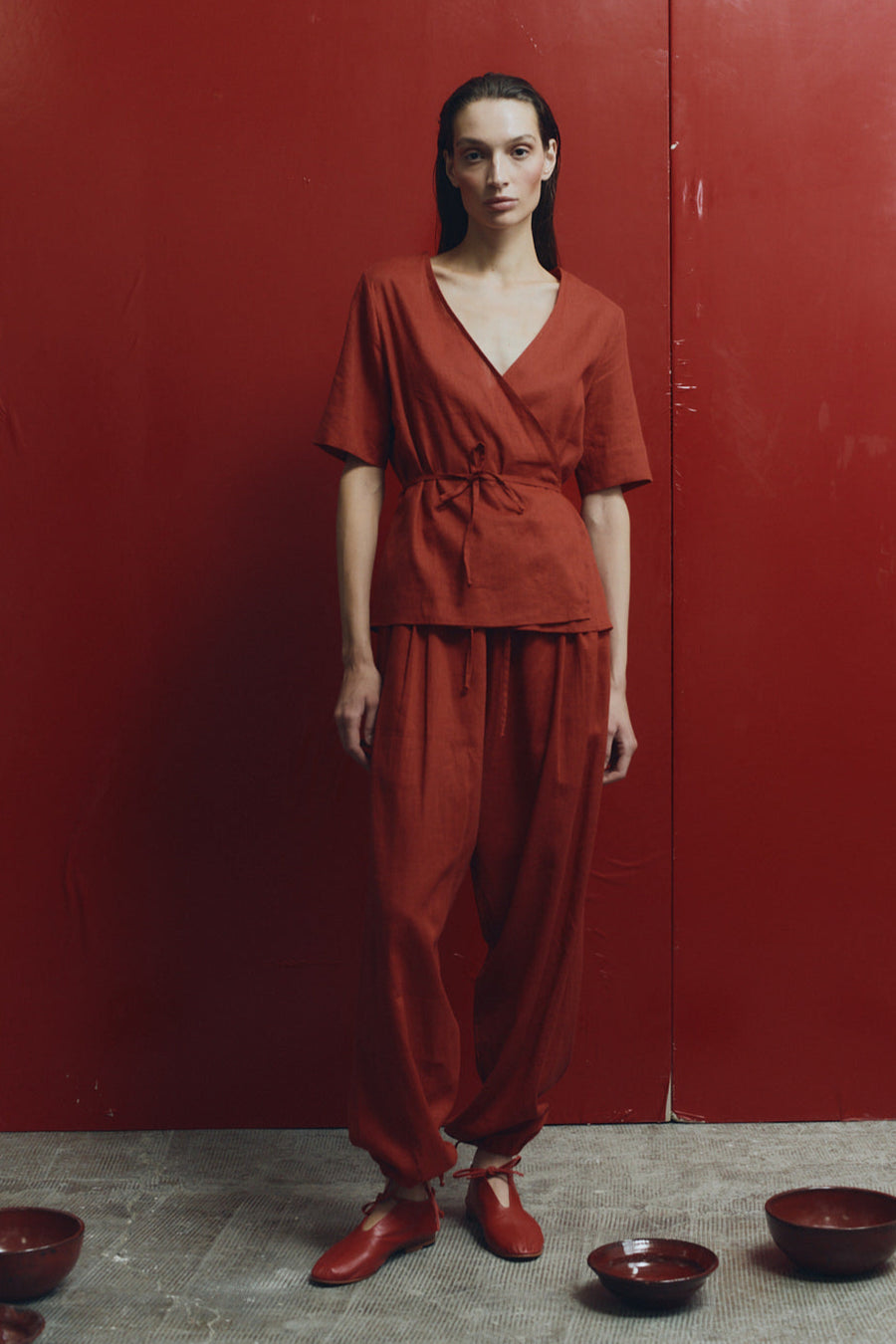 Clay Linen Wrap Top