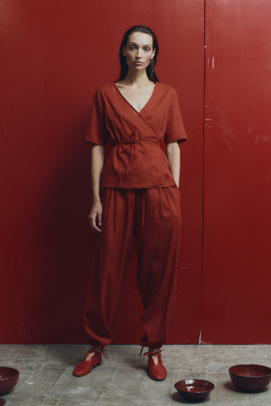 Clay Linen Wrap Top