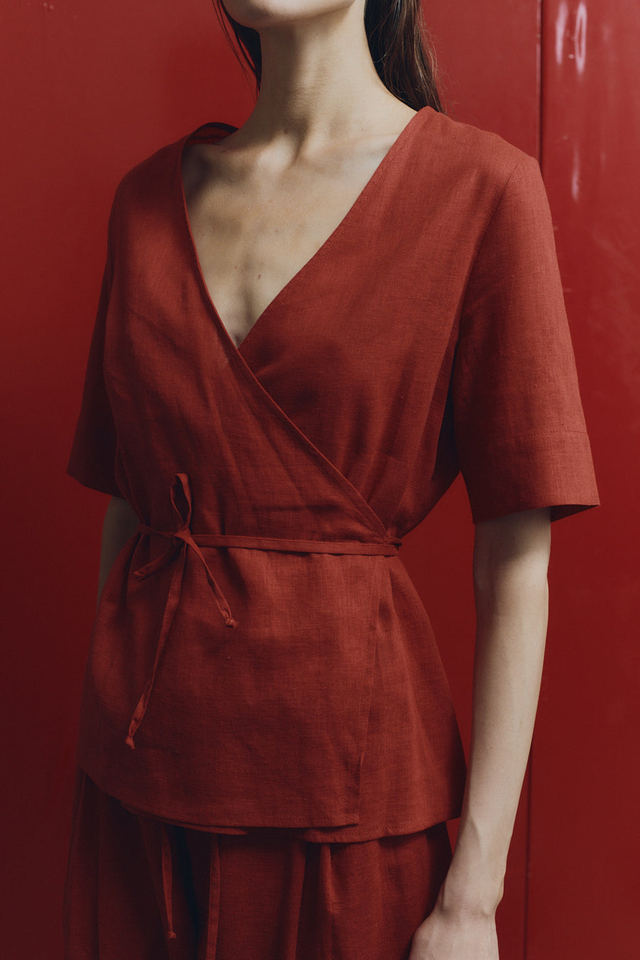 Clay Linen Wrap Top