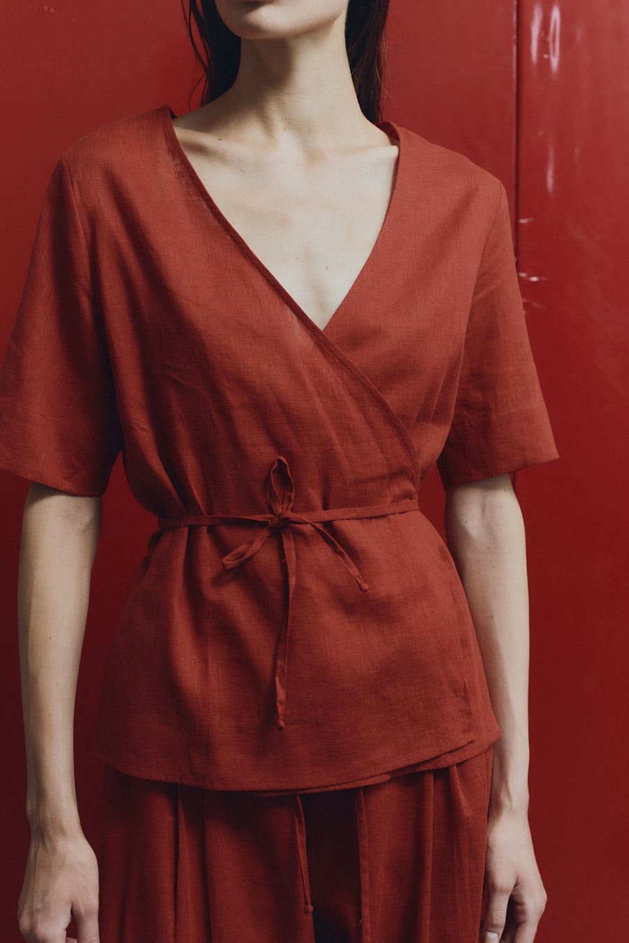 Clay Linen Wrap Top