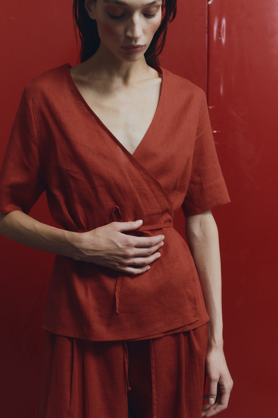 Clay Linen Wrap Top