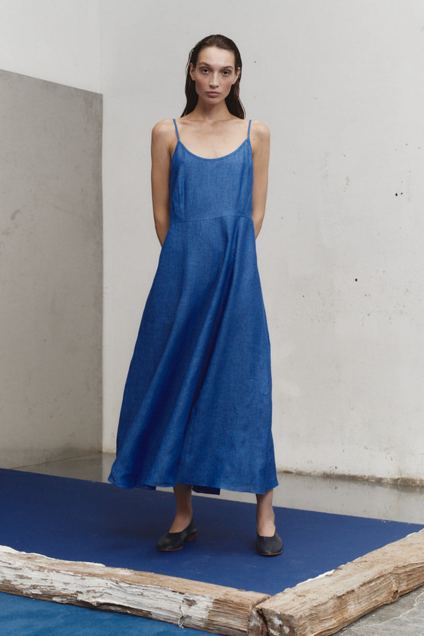 Lapis Linen Godet Slip Dress