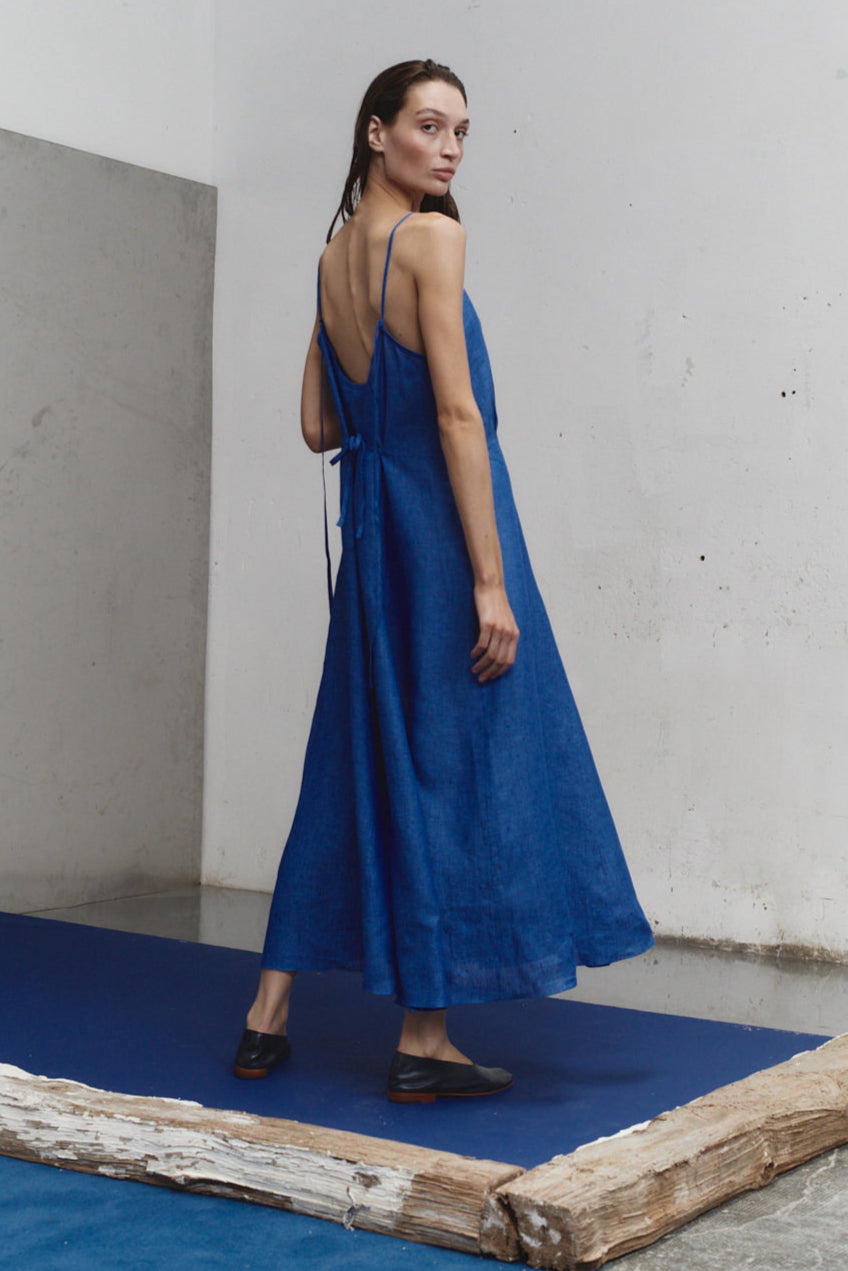 Lapis Linen Godet Slip Dress