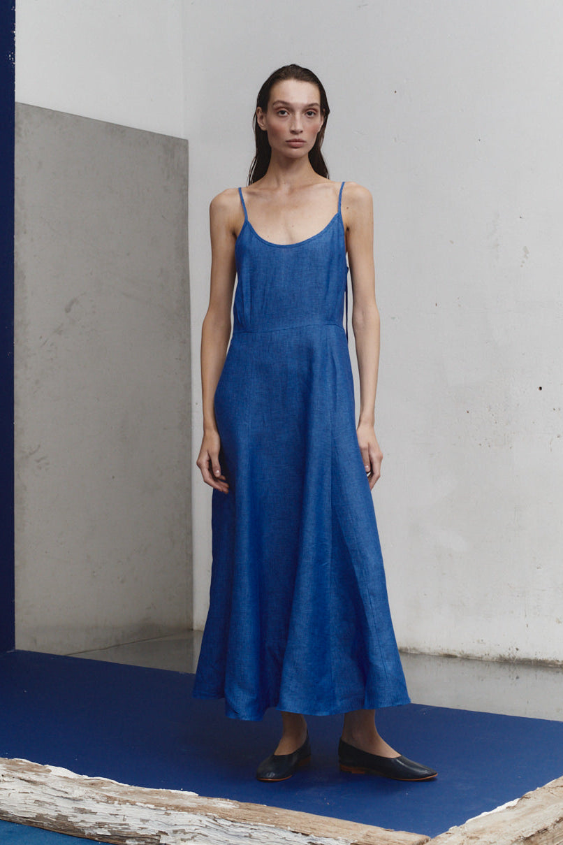 Lapis Linen Godet Slip Dress