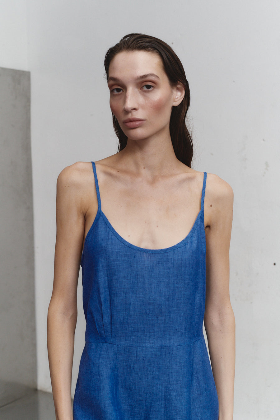 Lapis Linen Godet Slip Dress