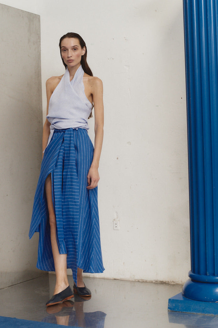 Lapis Striped Linen Alma Skirt