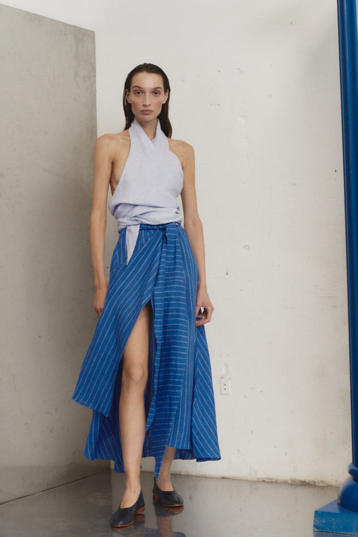 Lapis Striped Linen Alma Skirt