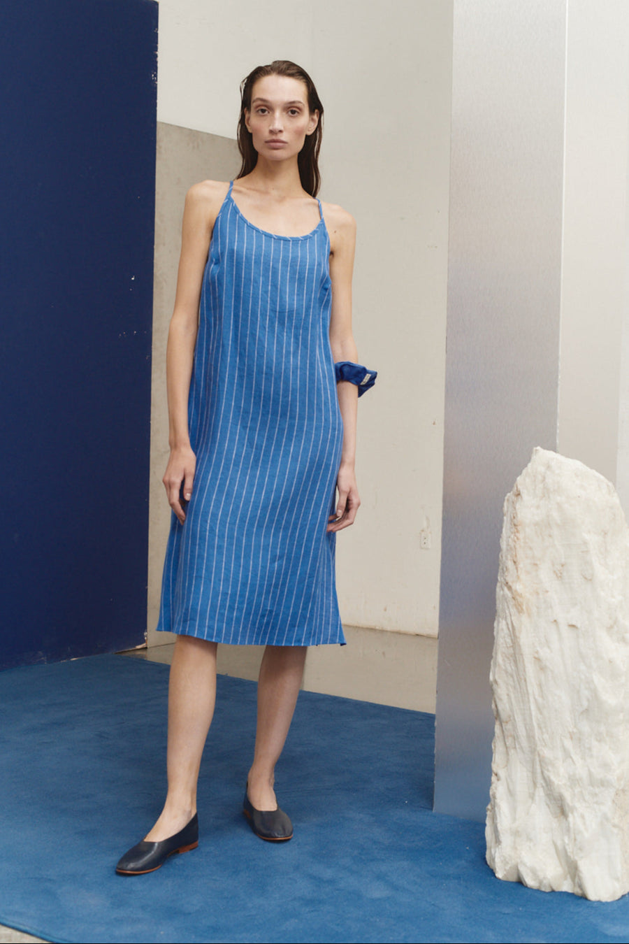Lapis Linen Striped Midi Slip Dress