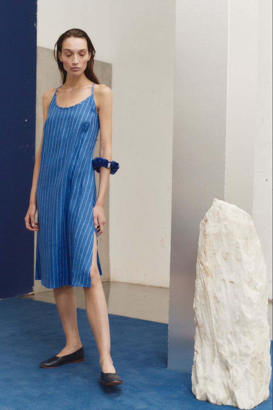 Lapis Linen Striped Midi Slip Dress