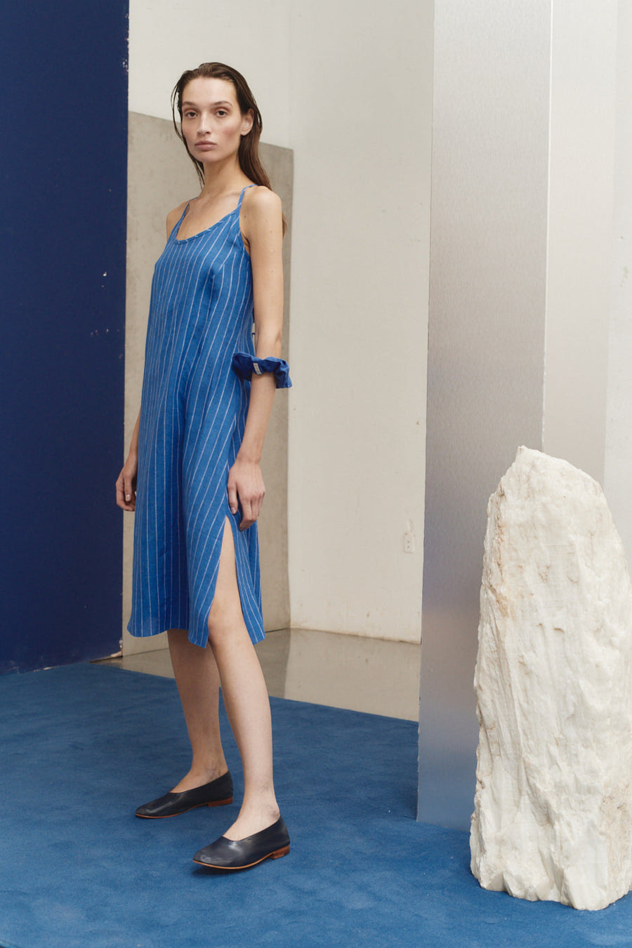 Lapis Linen Striped Midi Slip Dress