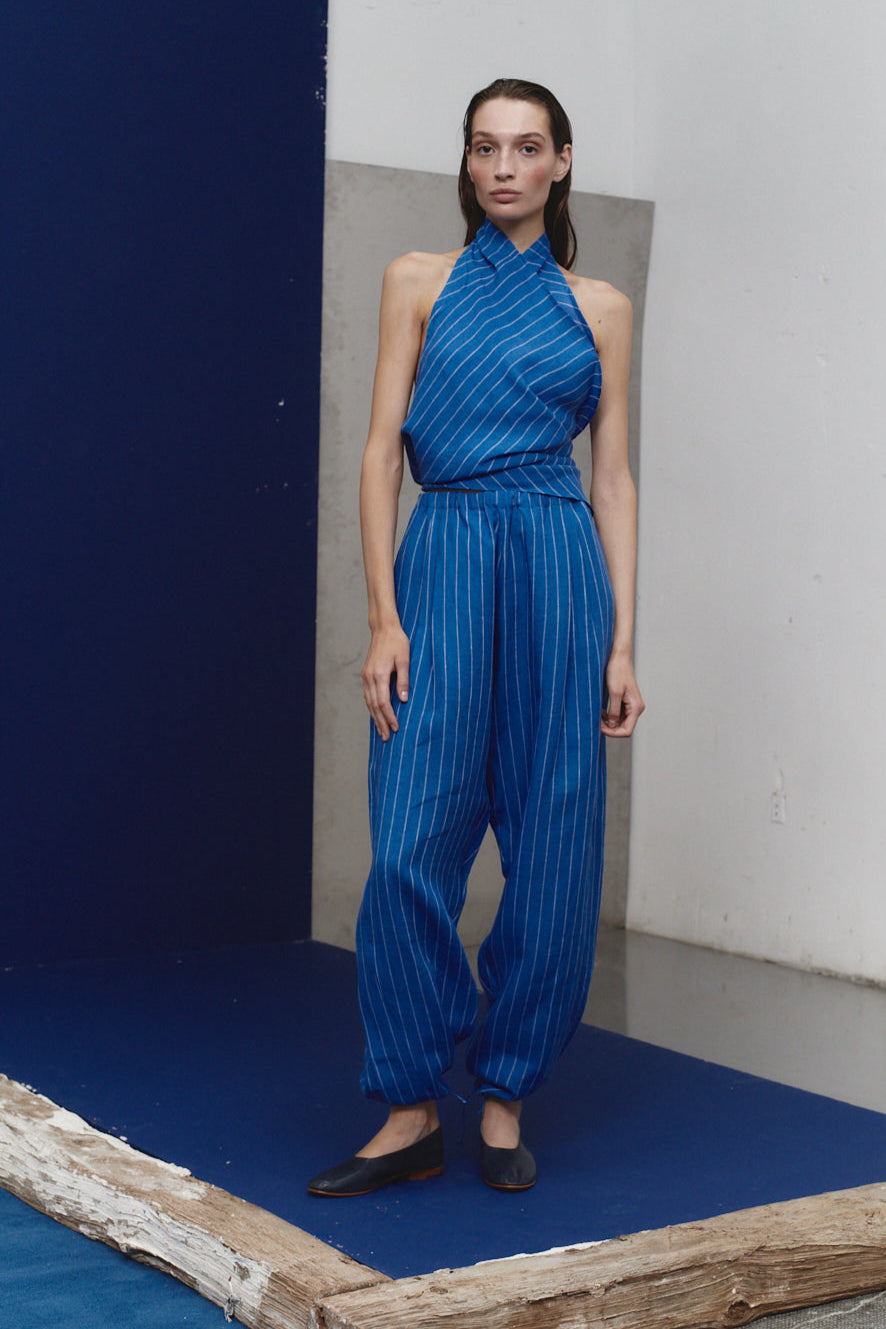 Lapis Striped Linen Scarf Top