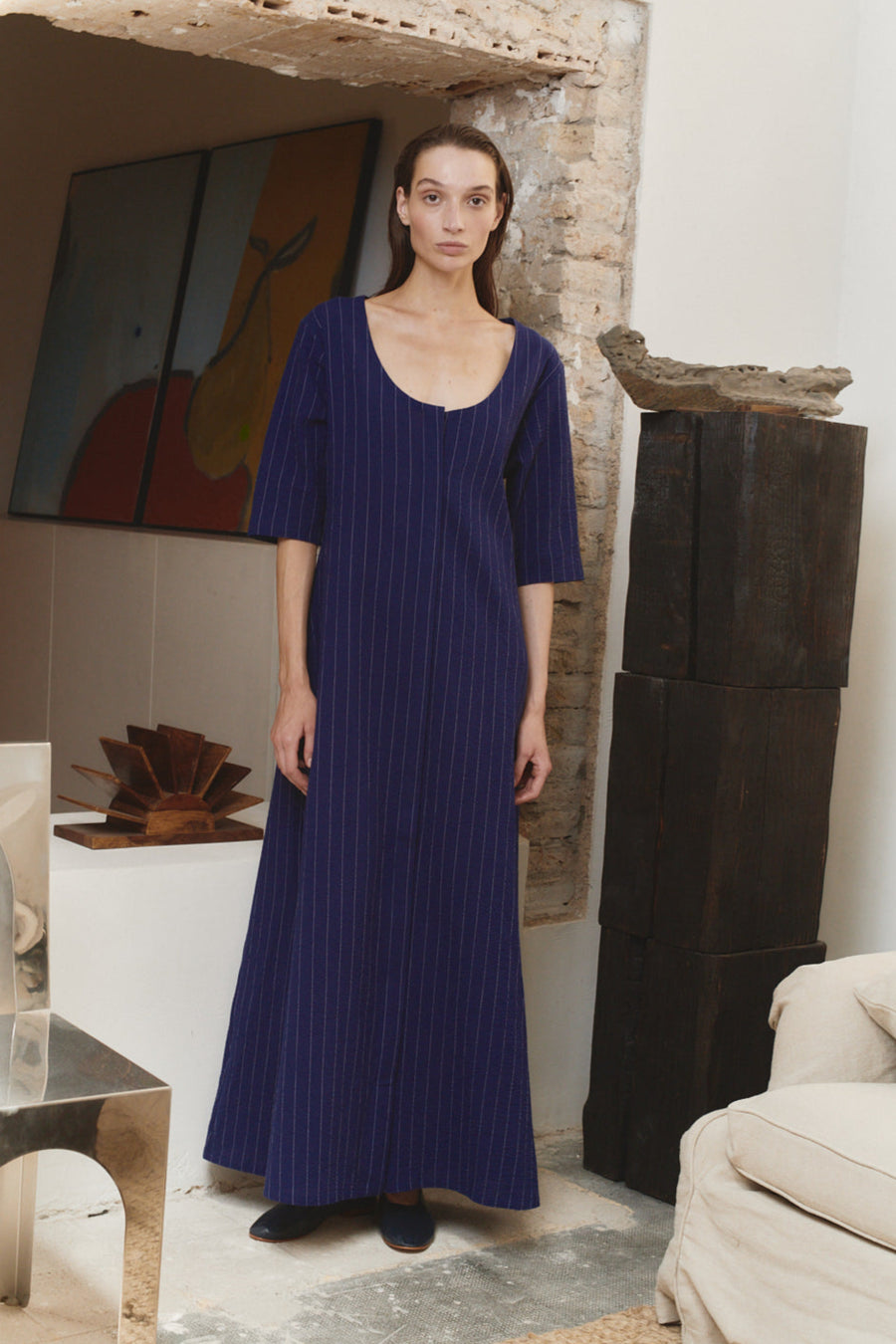 Indigo Pinstripe Linen Payesa Dress