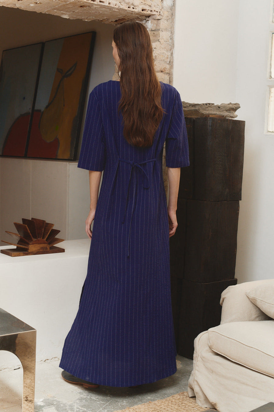 Indigo Pinstripe Linen Payesa Dress