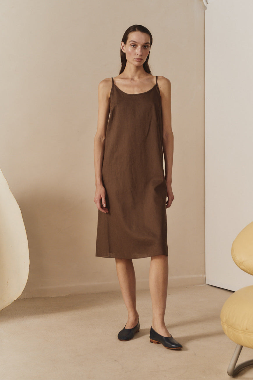 Chocolate Linen Midi Slip Dress