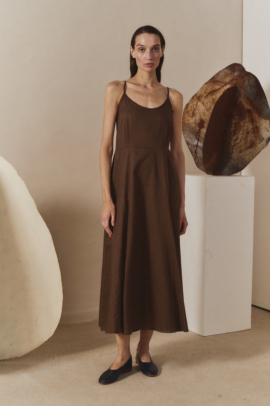 Chocolate Linen Godet Slip Dress