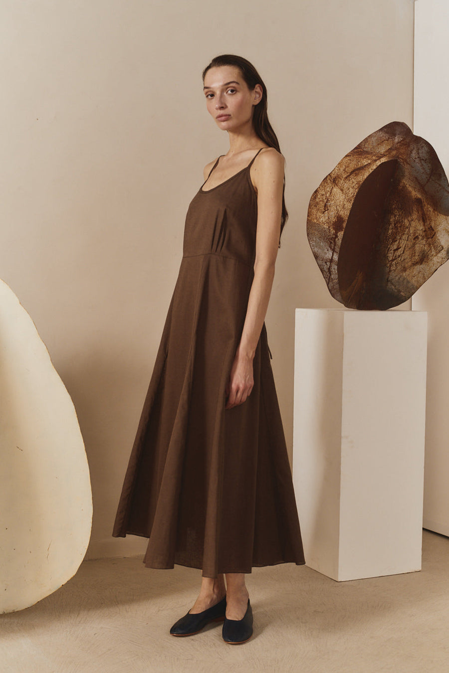 Chocolate Linen Godet Slip Dress