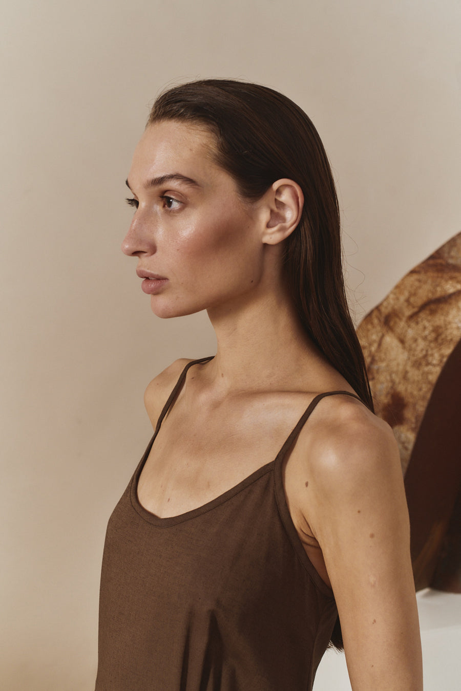 Chocolate Linen Godet Slip Dress