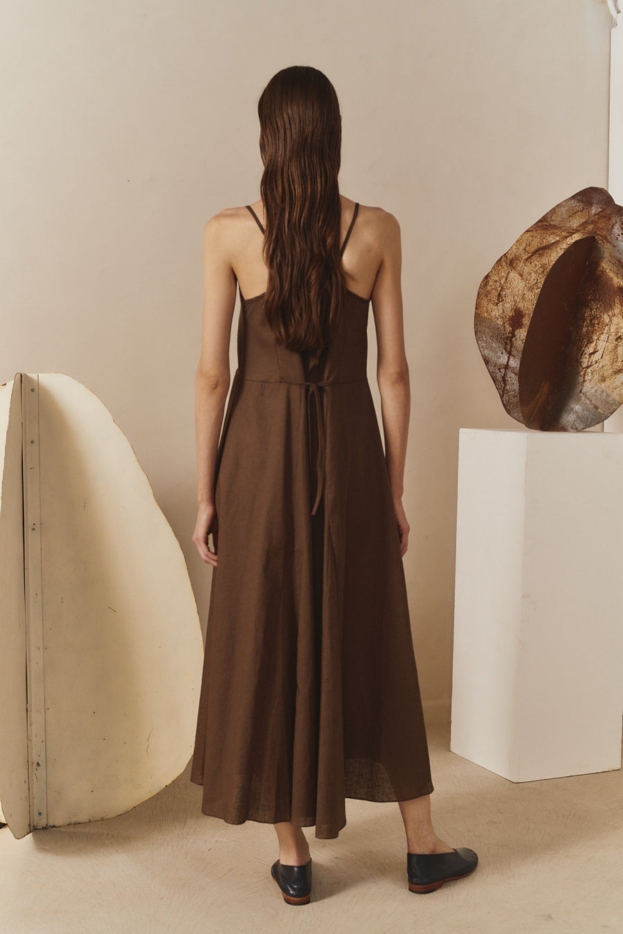 Chocolate Linen Godet Slip Dress