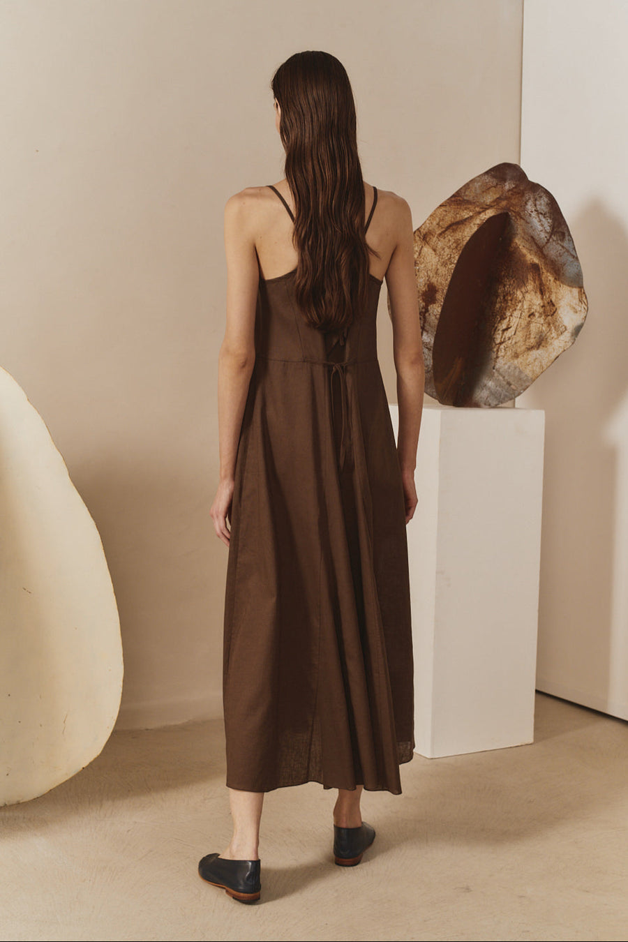 Chocolate Linen Godet Slip Dress