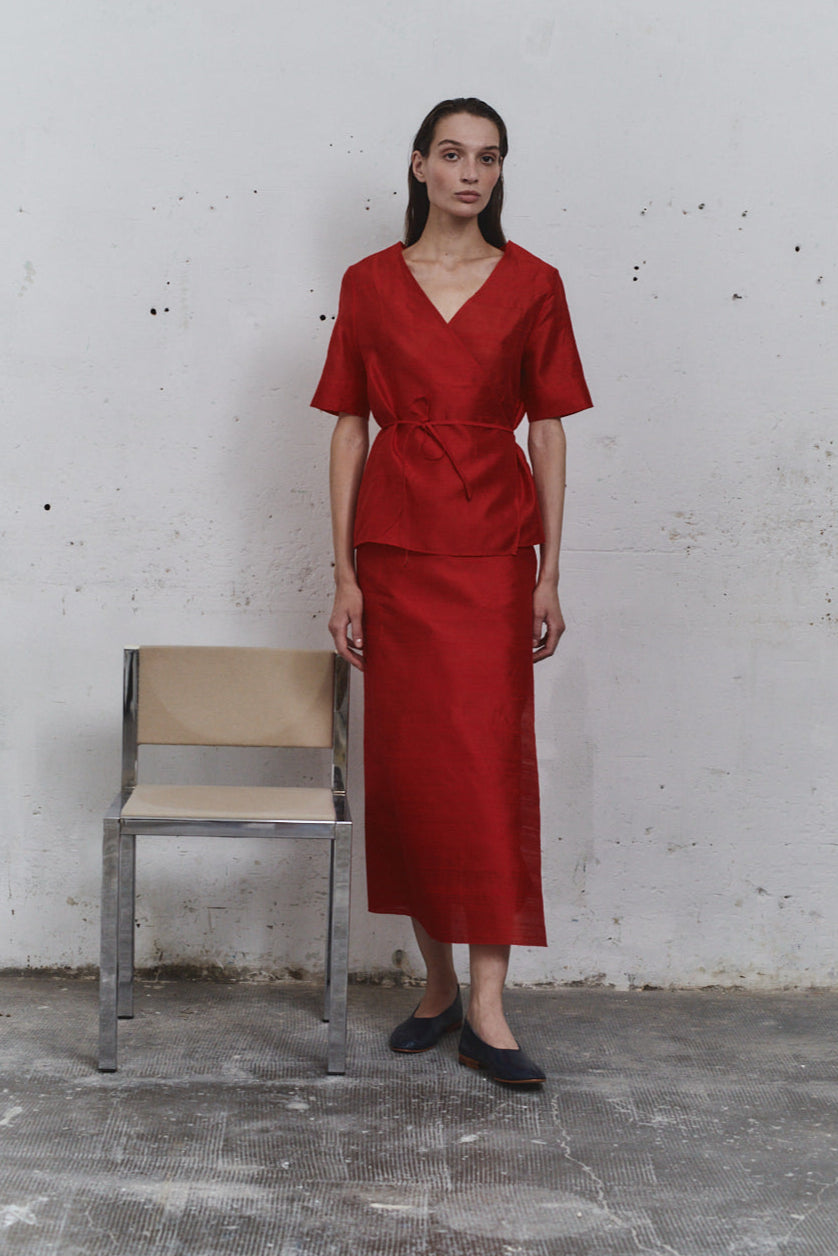 Carmine Dupion Wrap Top