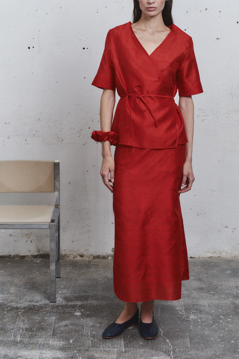 Carmine Dupion Wrap Top