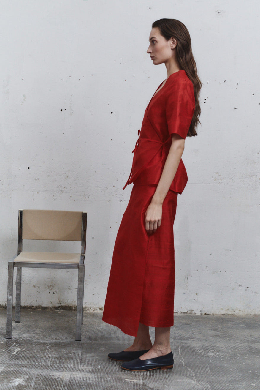 Carmine Dupion Wrap Top