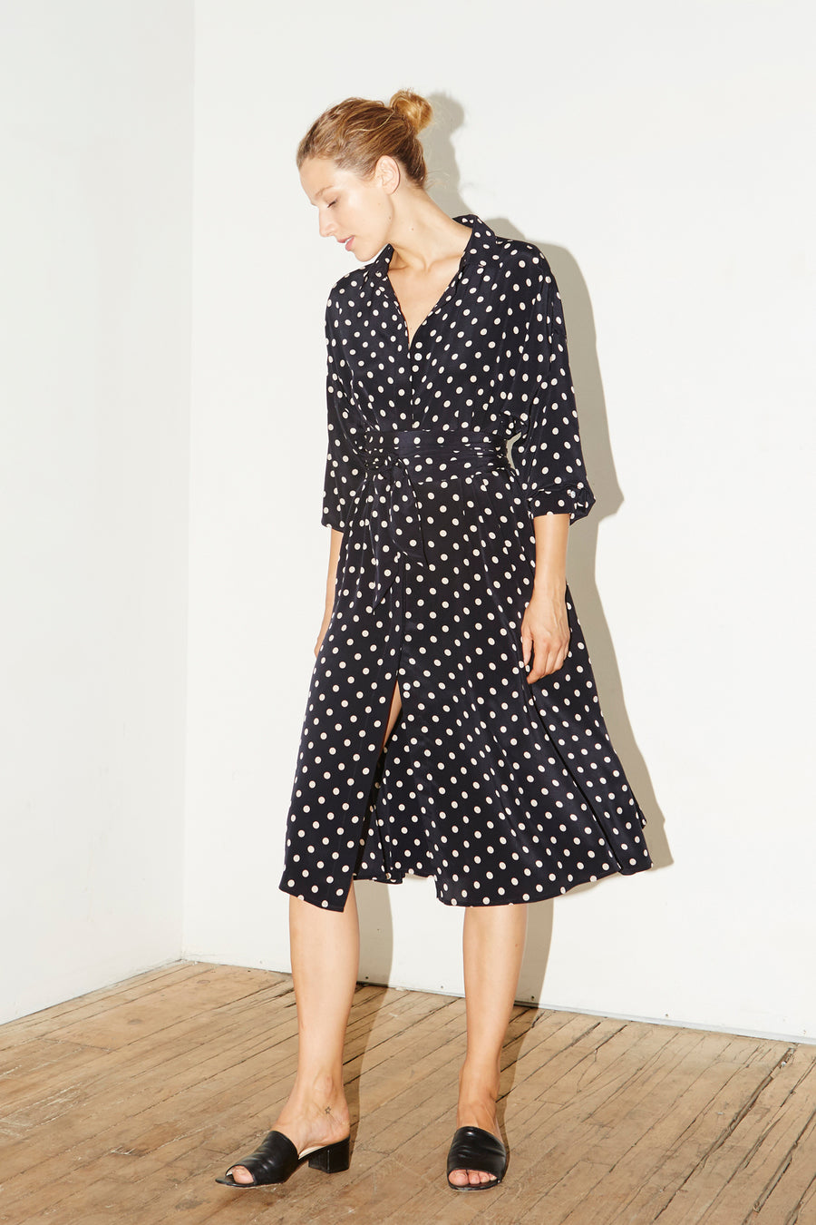 Polka Silk Long Shirt Dress