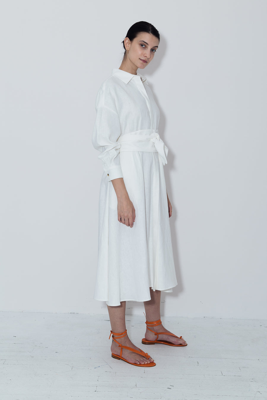 White Linen Long Shirt Dress