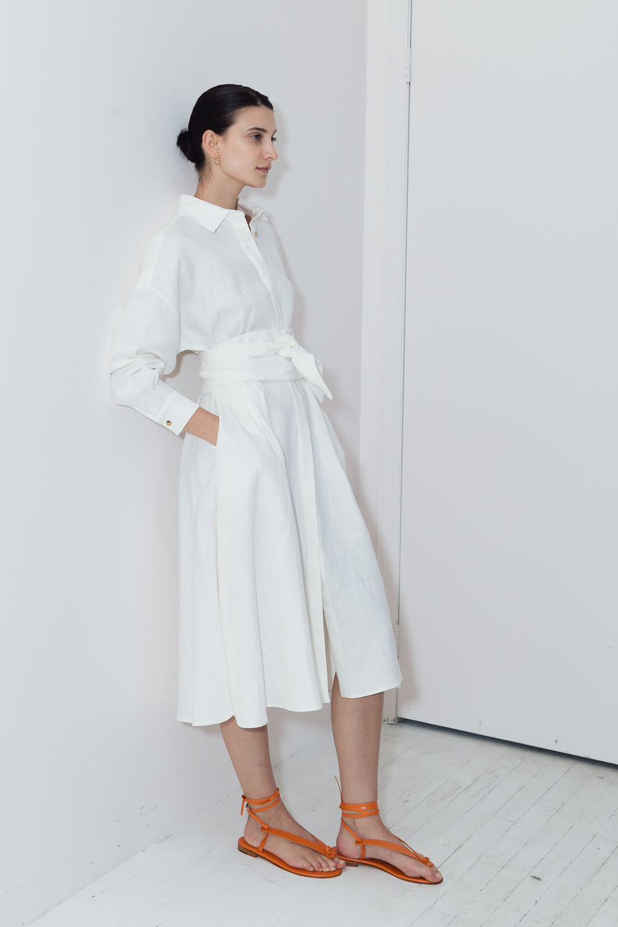 White Linen Long Shirt Dress