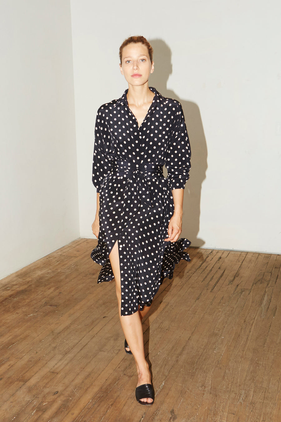 Polka Silk Long Shirt Dress