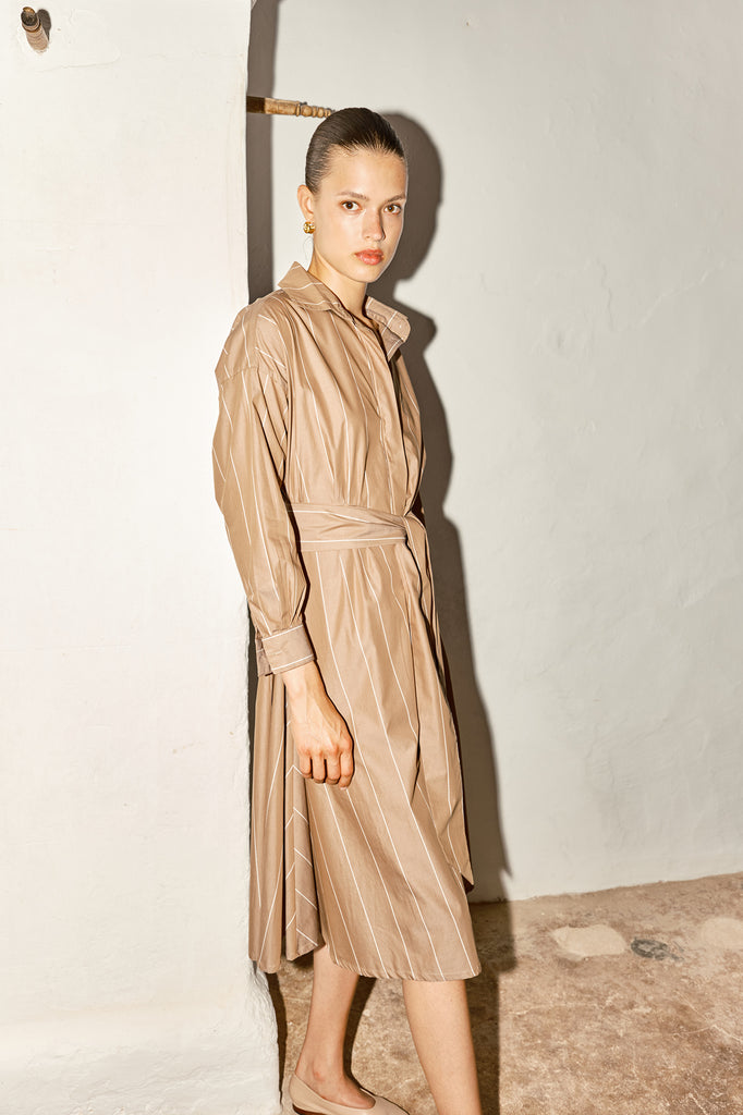 Almond Striped Long Shirt Dress –