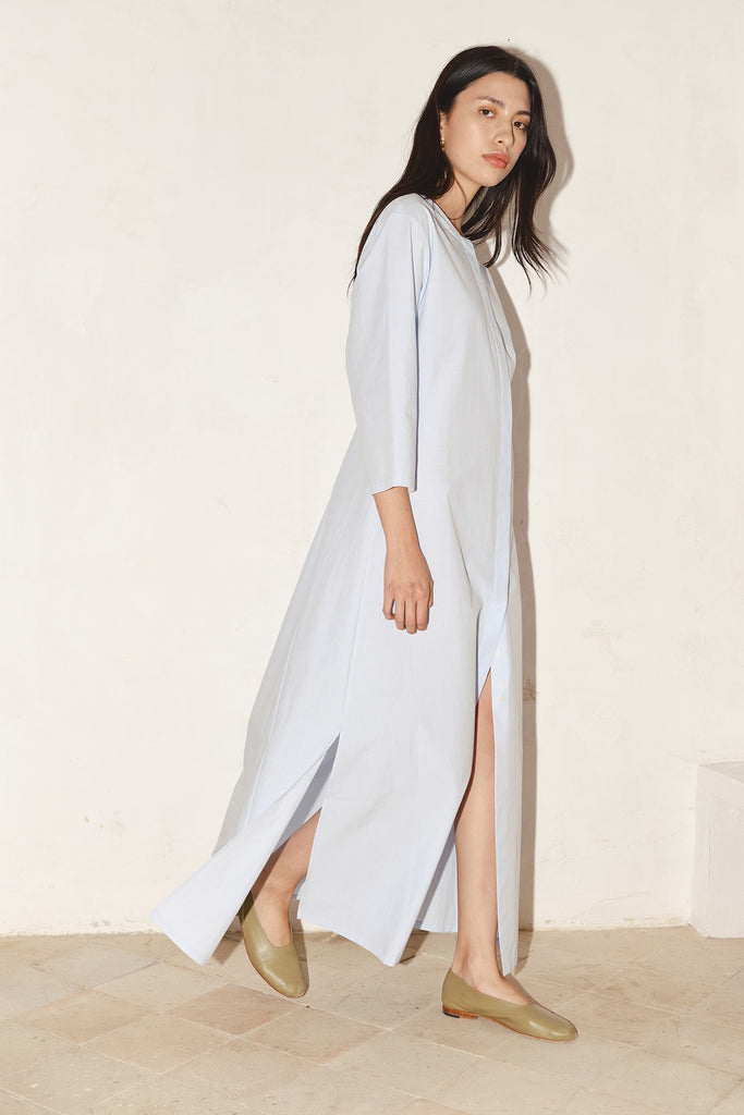 Powder Blue Fil à Fil Cotton Payés Dress –