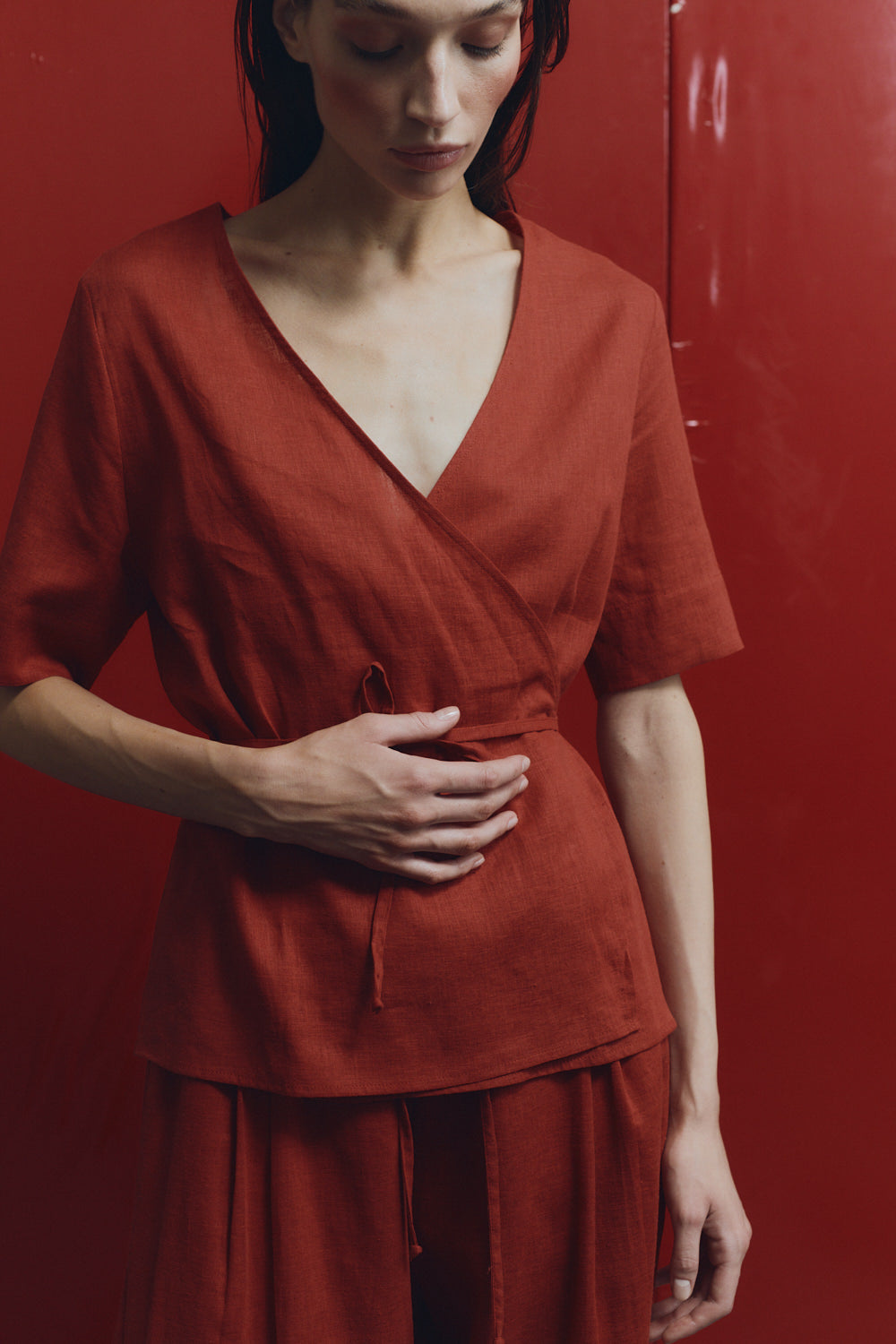 Clay Linen Wrap Top