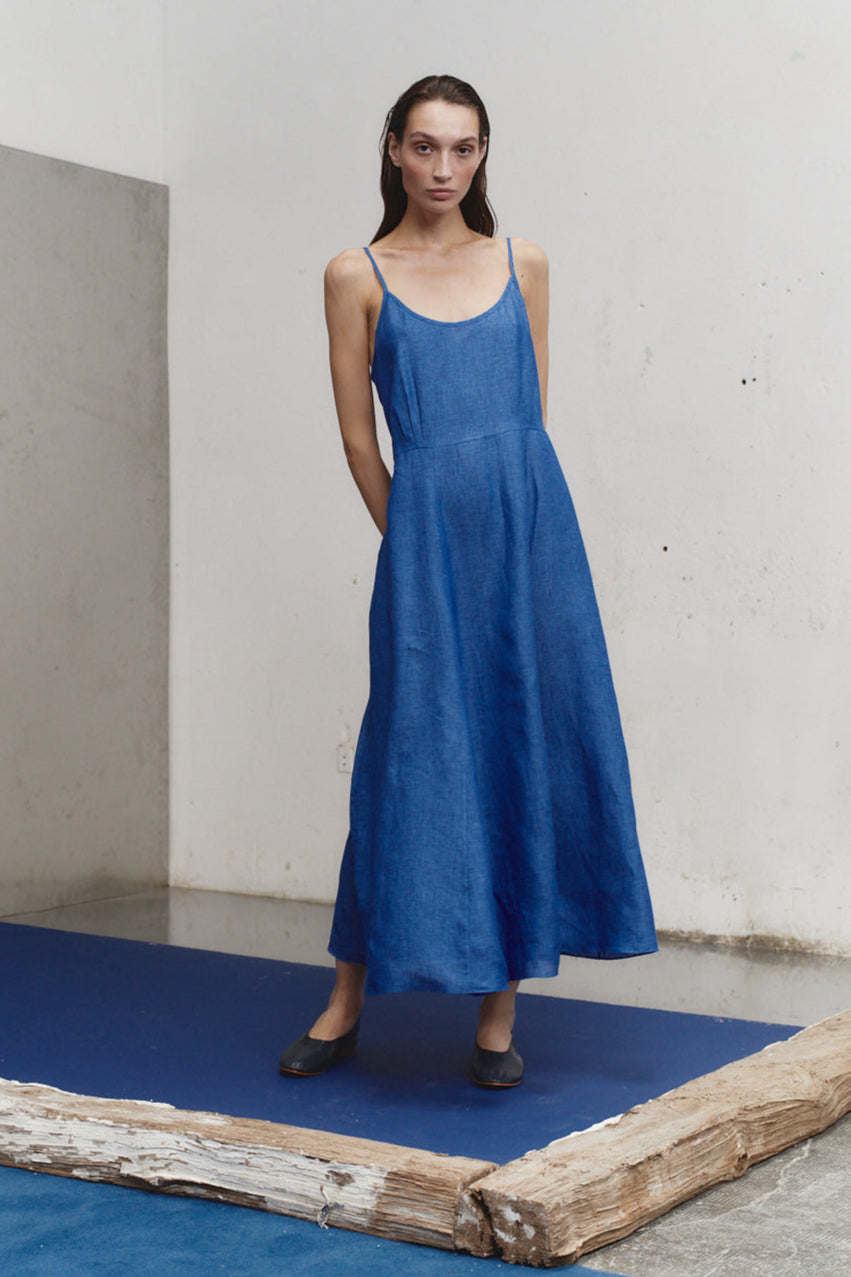 Lapis Linen Godet Slip Dress