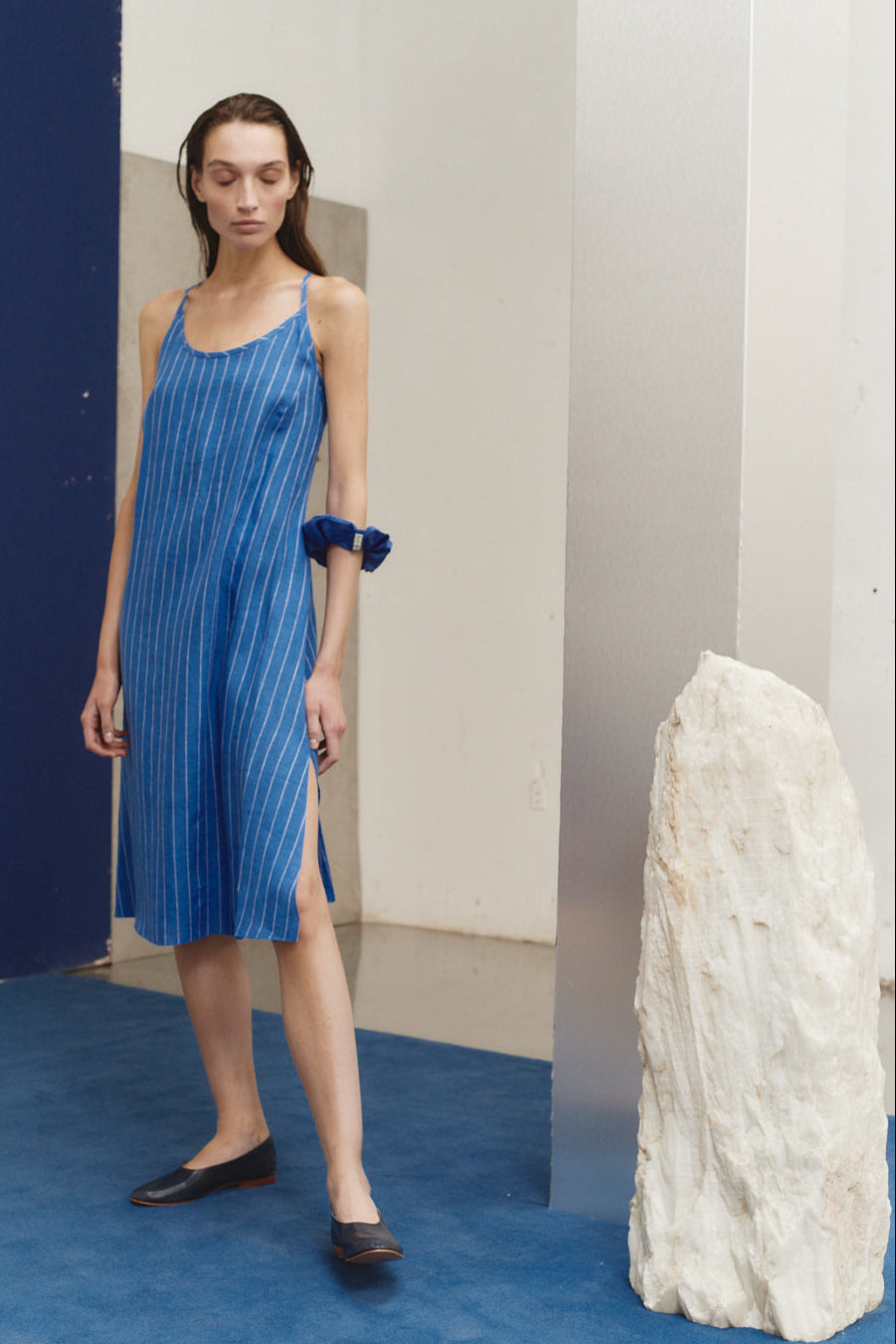 Lapis Linen Striped Midi Slip Dress
