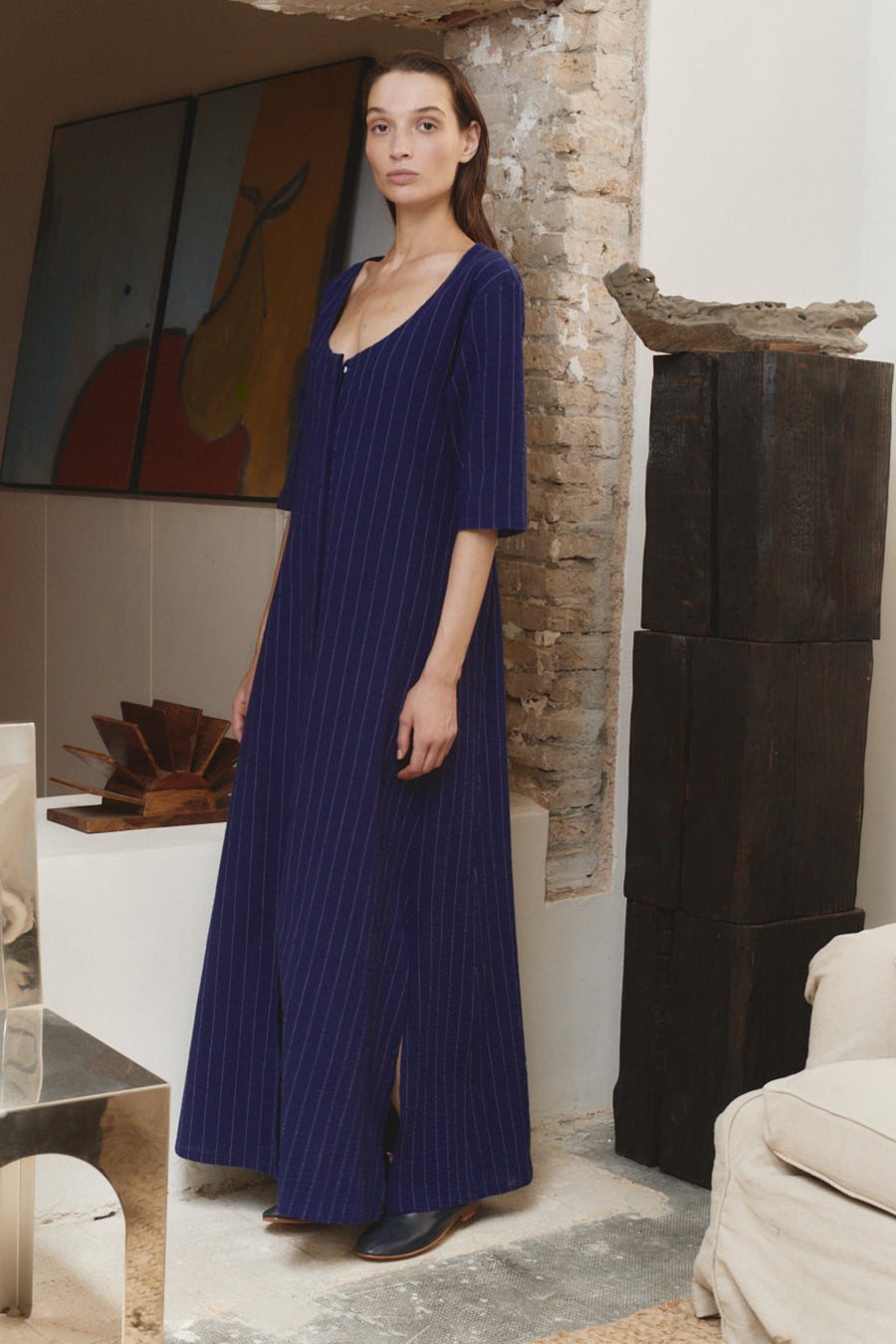 pinstripe dress long sleeve Aline with belt heartmycloset button placket continues past a banded waist and down to a flaring skirt with front diagonal pockets Florence Pinstripe Suit Dress