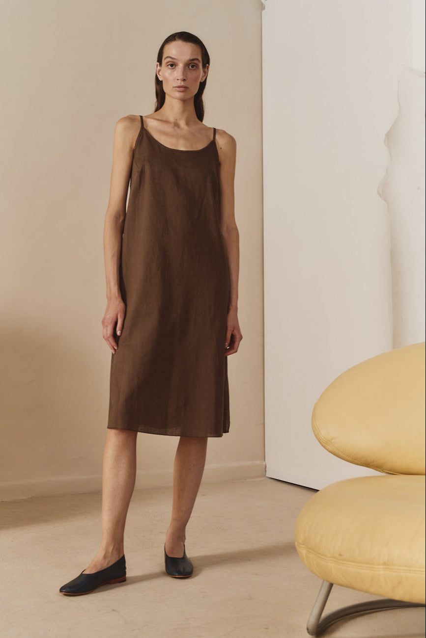 Chocolate Linen Midi Slip Dress