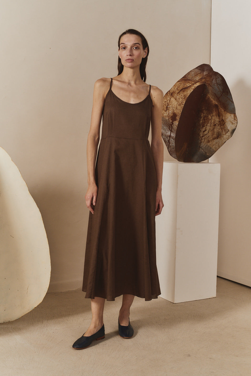 Chocolate Linen Godet Slip Dress