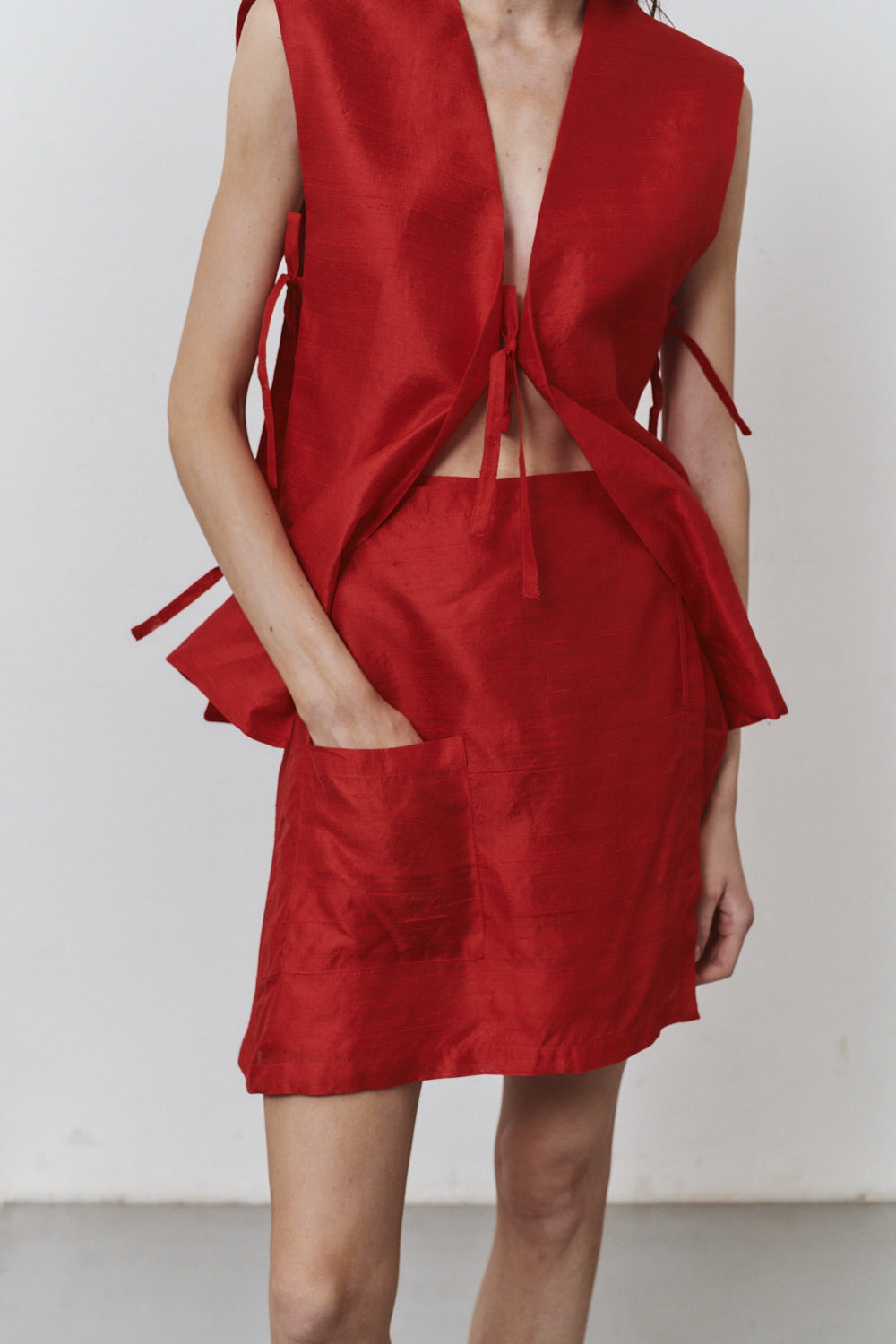 Carmine Dupion Wrap Mini Skirt