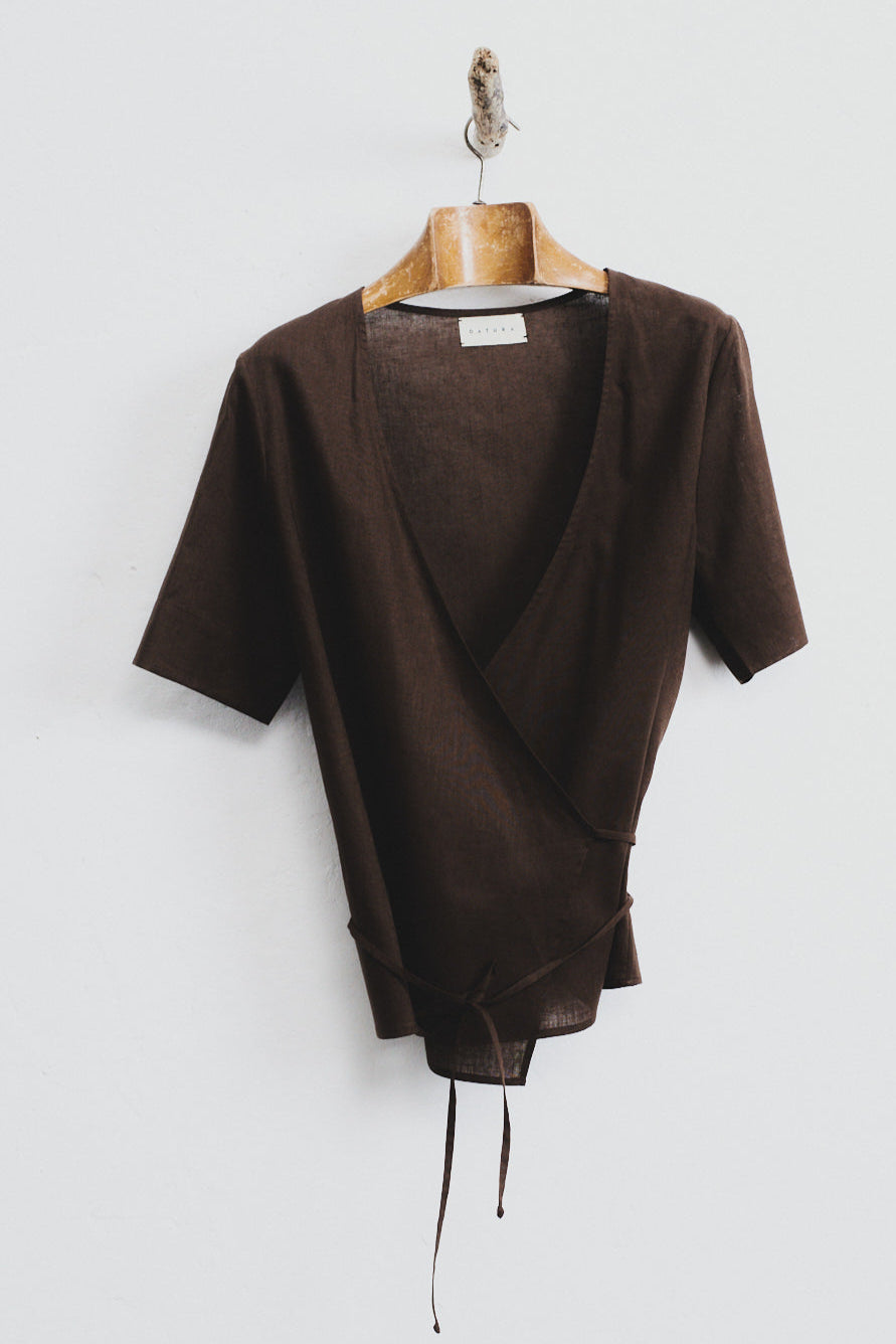Chocolate Linen Wrap Top